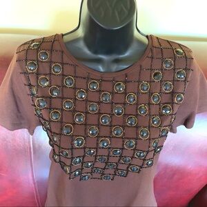 Zara dark brown Cotton Top With shiny black beadings half sleeve scoop neck US L